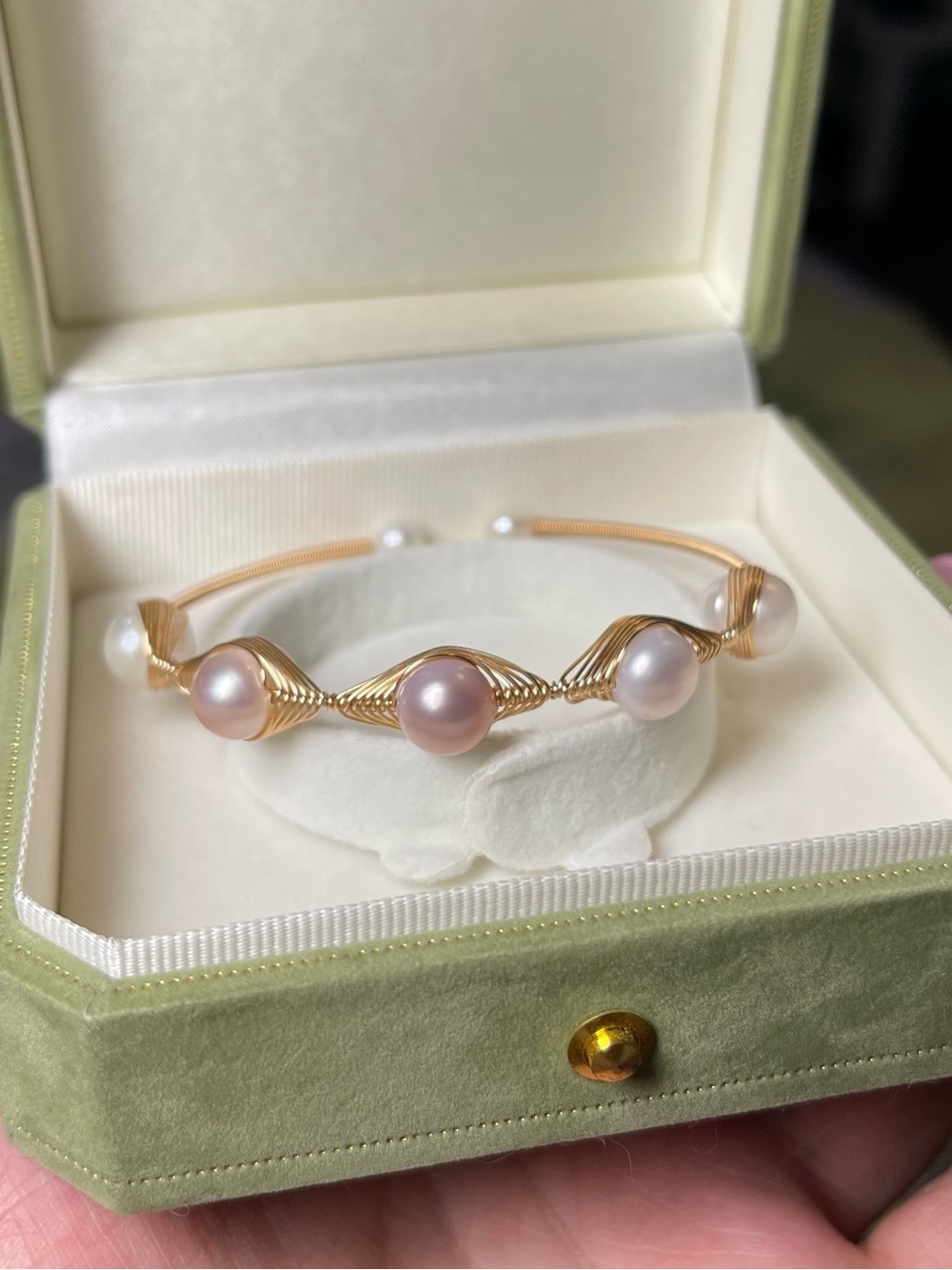 Gold Freshwater Pearl Wire-Wrapped Bangle Bracelet - Pink Pearls